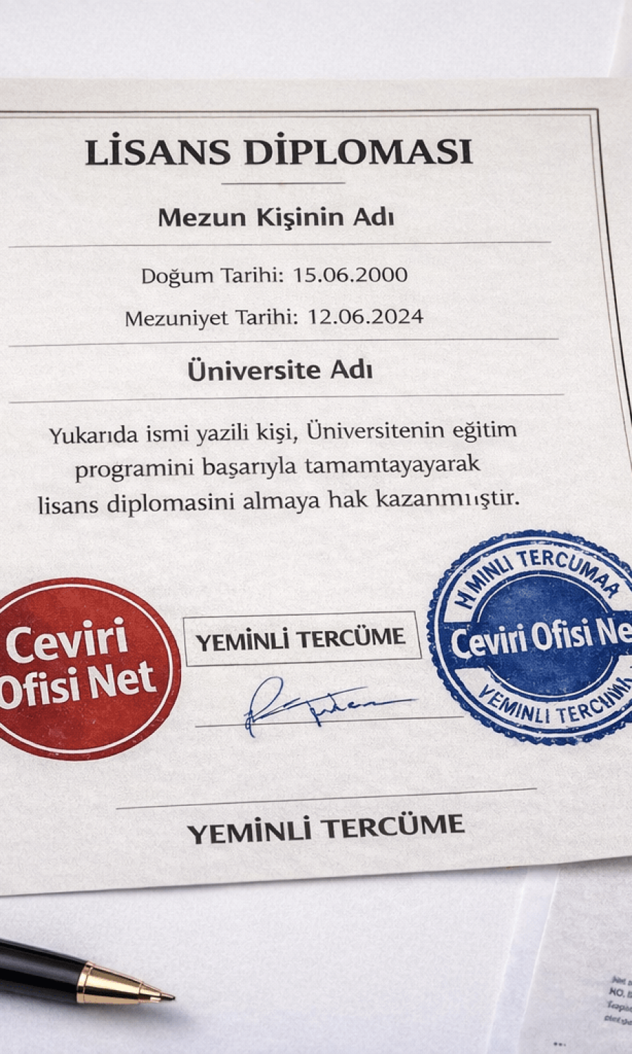 Yurtdışı eğitim, YÖK denklik ve resmi başvurular için noter onaylı ve apostilli diploma yeminli tercümesi örneği
