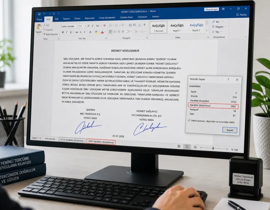 Yeminli tercüme ücreti hesaplanırken Microsoft Word karakter sayısının kontrol edilmesi.